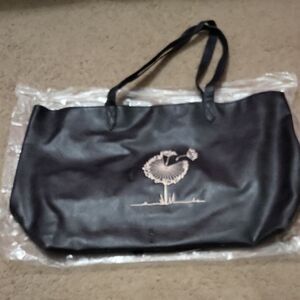 Thirty-One Black Shoulder Bag with Embroidered Ostrich